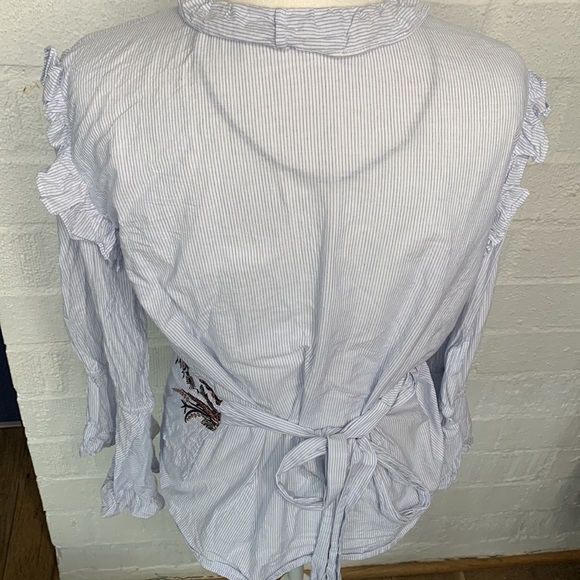 Zara Embroidered Striped Cotton Bell Sleeve Wrap Blouse size Large - Picture 3 of 6